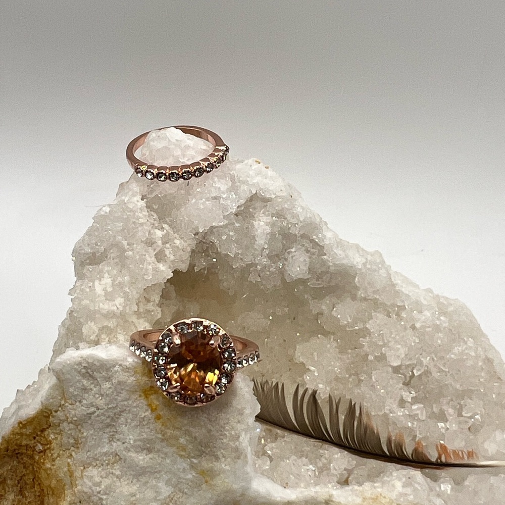 Boho Style Set of 2 Rose Gold Color Ring W/ Crystals & Champagne Stone SZ 7